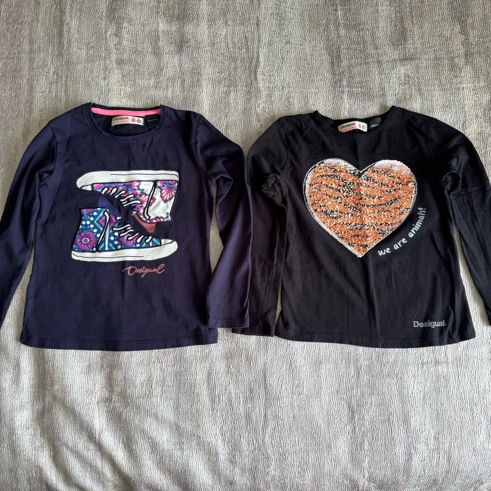 Desigual Kids Long Sleeve Tees Black with Heart and Navy with Sneakers, Size 7/8